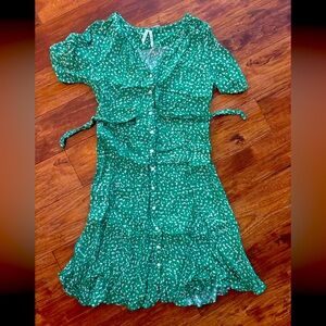Green with white floral. Short sleeve and mid calf.